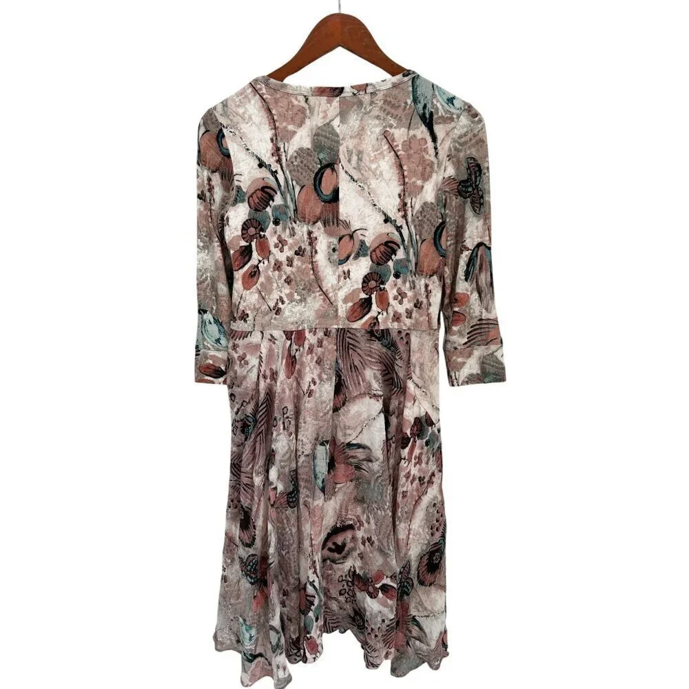 Peruvian Connection Floral Print Dress Long Sleeve Pleated Lined Bodice & 3/4 S